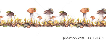 Snail on cap of porcini and boletus mushroom with forest moos seamless border. Watercolor nature scene with slug and autumn leaves. Watercolor hand drawn illustration on isolated white background 131170318