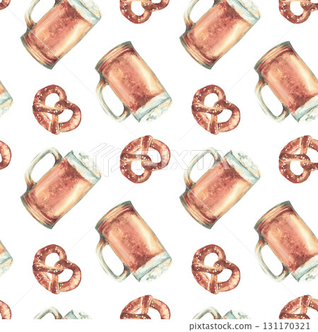 Mug of Beer with pretzel seamless pattern. Pint light beer, glass of ale and traditional Germany food and drink. Watercolor hand painted on isolated white background illustration. Bavarian Oktoberfest 131170321