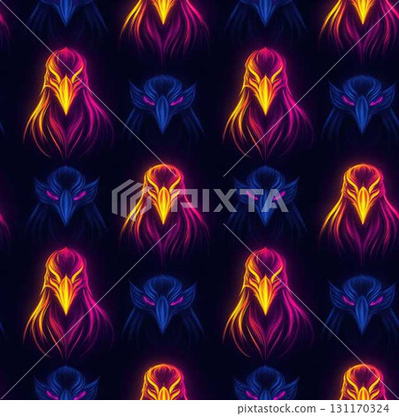 Seamless Neon Jungle Animal Pattern with Hornbill Faces in Vibrant Fluorescent Colors Art Seamless Neon Jungle Animal Pattern with Hornbill Faces in Vibrant Fluorescent Colors Art 131170324