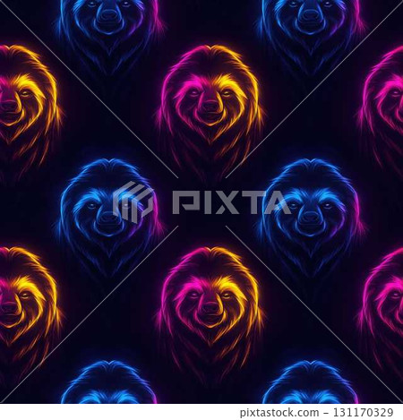 Neon Jungle Animals Seamless Pattern with Sloths in Vibrant Colors on Dark Background Modern Design 131170329