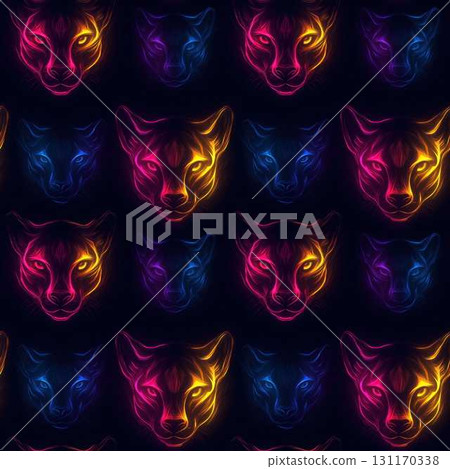 Seamless Neon Jungle Animals Pattern with Civet Faces in Vibrant Colors on Dark Background Modern Art Wallpaper 131170338