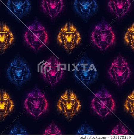Vibrant Neon Jungle Animal Pattern with Mandrill Faces on Dark Background Art Design 131170339