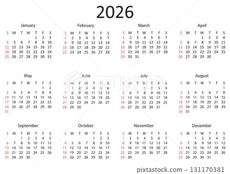 Simple Year 2026 Calendar Layout Displaying Monthly Dates. Simple Year 2026 Calendar Layout Displaying Monthly Dates. 131170381