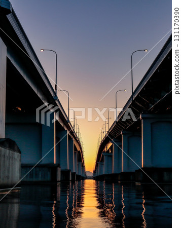 Lake Biwa Bridge | Symmetry | Sunrise 131170390