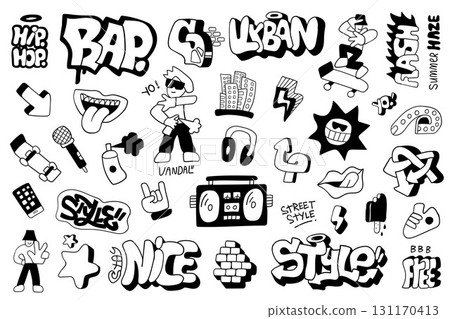 Summer city life graffiti style doodle characters objects sign and symbols , funny background for kids 131170413