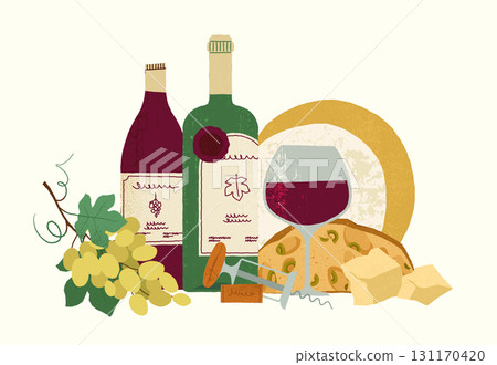 Wine tasting still life with a glass of red wine, two bottles, a bunch of grapes, a piece of cheese with olives, some cheese cubes and a corkscrew lying on a white background 131170420