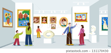 Tourists and families observing paintings and sculptures in a modern art gallery discussing styles and meanings, learning about artistic expression and enjoying culture Tourists and families observing paintings and sculptures in a modern art gallery discussing styles and meanings, learning about artistic expression and enjoying culture 131170430