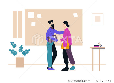 Two colleagues are discussing work in a modern office, fostering teamwork and collaboration for shared success, in a bright and colorful vector illustration Two colleagues are discussing work in a modern office, fostering teamwork and collaboration for shared success, in a bright and colorful vector illustration 131170434