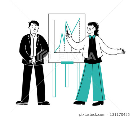 Businesswoman pointing growing chart on flip chart during presentation with businessman watching, business training, coaching, mentoring, explaining, teaching concept 131170435