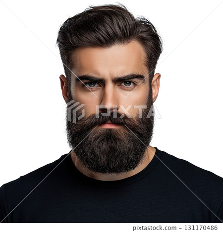 Handsome man with a full beard, serious expression and dark shirt on a neutral background Handsome man with a full beard, serious expression and dark shirt on a neutral background 131170486