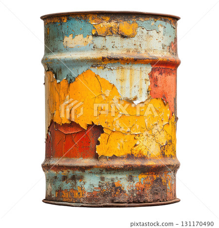 Colorful vintage oil barrel with peeling paint isolated on white background Colorful vintage oil barrel with peeling paint isolated on white background 131170490