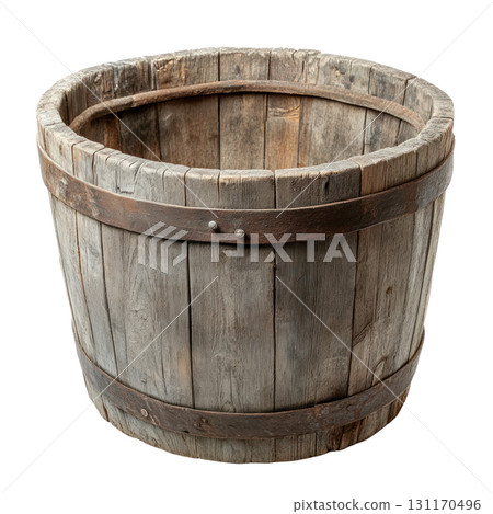 Wooden barrel on a white background used for storage or decoration indoors and outdoors 131170496