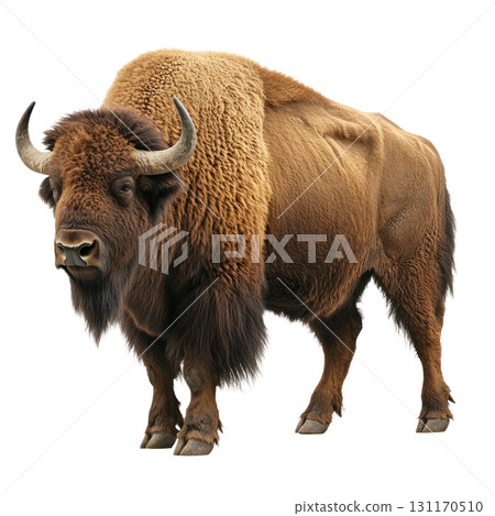Majestic bison stands proud in isolated landscape with a thick fur coat during daylight hours Majestic bison stands proud in isolated landscape with a thick fur coat during daylight hours 131170510