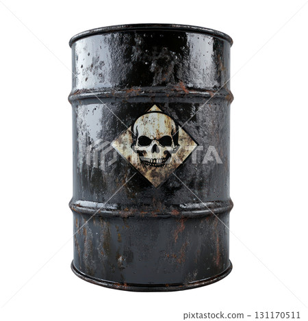 Rusty black barrel with skull symbol indicating hazardous materials for safety awareness 131170511