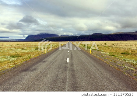 Straight empty road stretches into the distance through a vast, open plain 131170525