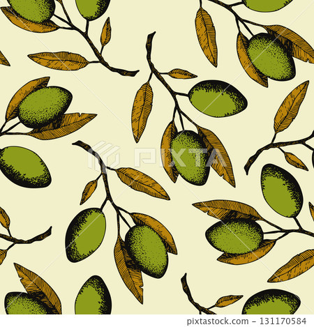 Seamless pattern with olive branch. Ink hand drawn olives background. Botanic plant vector illustration for print, fabric, textile. A sprig of an olive tree with leaves. Food concept 131170584