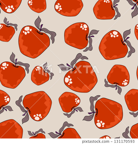 Seamless pattern with apple on color background. Natural delicious fresh ripe tasty fruit. Vector illustration for print, fabric, textile, banner, design. Stylized apples with leaves. Food concept Seamless pattern with apple on color background. Natural delicious fresh ripe tasty fruit. Vector illustration for print, fabric, textile, banner, design. Stylized apples with leaves. Food concept 131170593