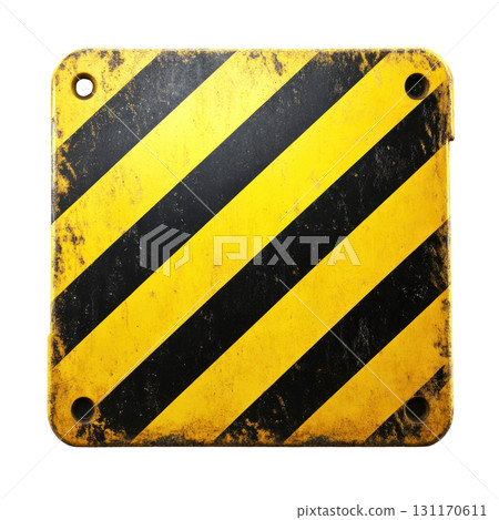 Warning sign with yellow and black diagonal stripes indicating caution in a construction area 131170611
