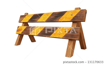 Construction barrier with yellow and black stripes on a white background used for road safety and warning 131170633