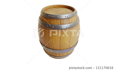 Wooden barrel with metal bands, rustic design, perfect for decoration or storage in various settings Wooden barrel with metal bands, rustic design, perfect for decoration or storage in various settings 131170638