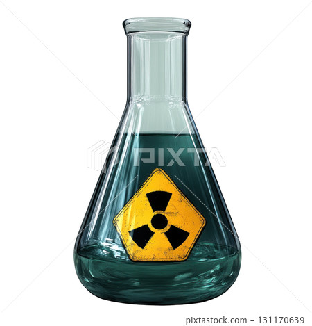 Scientific flask containing a green liquid with a radioactive symbol on its surface in a laboratory setting 131170639