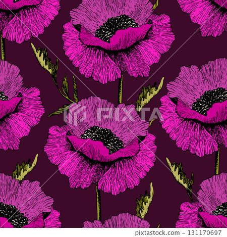 Blooming poppy. Seamless floral pattern based on hand drawn art ornaments. Colorful flowers on color background. Vector illustration. Simple pattern for fabric, textile 131170697