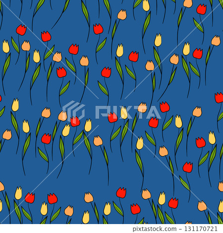 Spring colorful vector illustration with tulips. Cartoon style. Simple minimalistic pattern with nature elements. Vector illustration for fabric, textile, poster, invitation 131170721