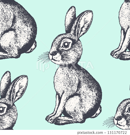 Seamless pattern with silhouette cute bunny, Easter rabbit, hare on color background. Design for card, postcard, wallpaper, fabric, textile. Vector illustration. Cartoon style 131170722