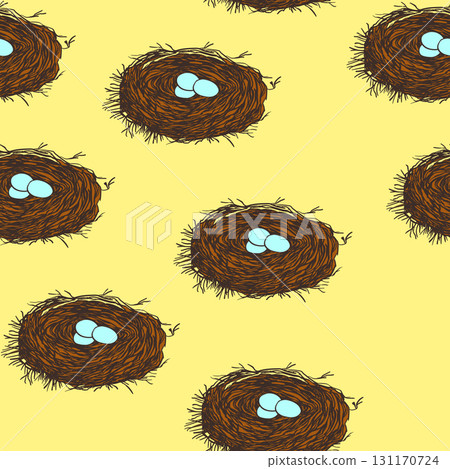 Spring seamless pattern with Bird nest with eggs. Easter hand drawn vector illustration, holiday design Spring seamless pattern with Bird nest with eggs. Easter hand drawn vector illustration, holiday design 131170724