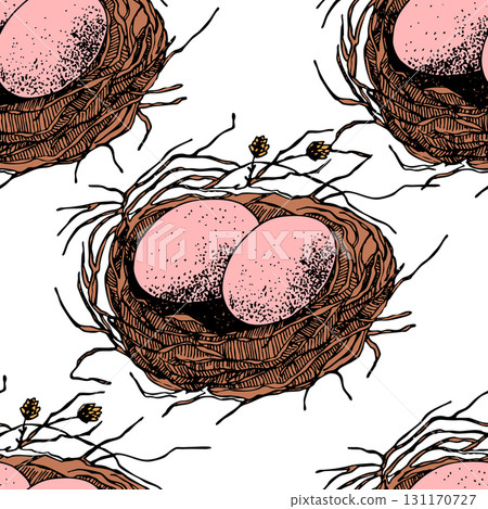 Spring seamless pattern with Bird nest with eggs. Easter hand drawn vector illustration, holiday design Spring seamless pattern with Bird nest with eggs. Easter hand drawn vector illustration, holiday design 131170727