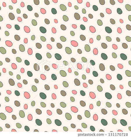 Happy Easter seamless pattern with eggs on color background. Polka dots design for card, postcard, wallpaper, posters. Vector stock illustration. Cartoon style Happy Easter seamless pattern with eggs on color background. Polka dots design for card, postcard, wallpaper, posters. Vector stock illustration. Cartoon style 131170728