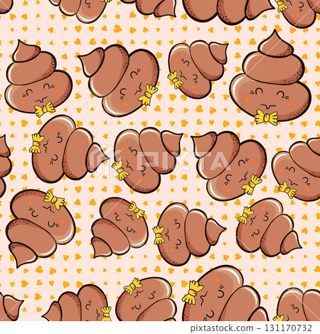 Seamless pattern with kawaii poop on color background. Cartoon poo, feces icons. Shit patterns, evil turd. Vector illustration for invitation, poster, card, fabric, textile. Doodle style Seamless pattern with kawaii poop on color background. Cartoon poo, feces icons. Shit patterns, evil turd. Vector illustration for invitation, poster, card, fabric, textile. Doodle style 131170732