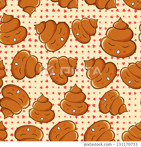 Seamless pattern with kawaii poop on color background. Cartoon poo, feces icons. Shit patterns, evil turd. Vector illustration for invitation, poster, card, fabric, textile. Doodle style Seamless pattern with kawaii poop on color background. Cartoon poo, feces icons. Shit patterns, evil turd. Vector illustration for invitation, poster, card, fabric, textile. Doodle style 131170733