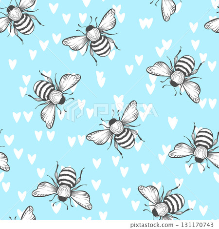 Seamless pattern with bees on color background. Small wasp. Vector illustration. Adorable cartoon character. Template design for invitation, cards, textile, fabric. Doodle style Seamless pattern with bees on color background. Small wasp. Vector illustration. Adorable cartoon character. Template design for invitation, cards, textile, fabric. Doodle style 131170743