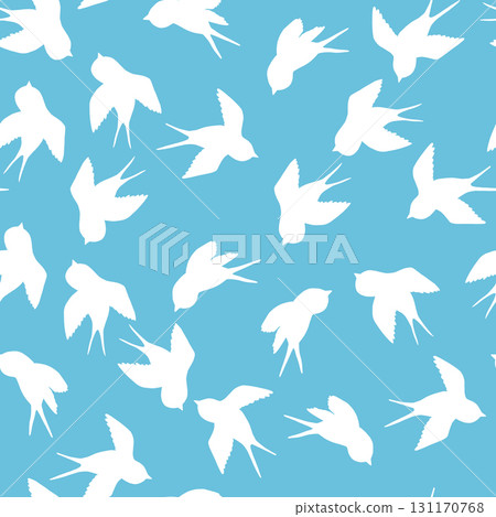 Seamless pattern with swallow silhouette on color background. Cute bird in flight. Vector illustration. Doodle style. Design for invitation, poster, card, fabric, textile Seamless pattern with swallow silhouette on color background. Cute bird in flight. Vector illustration. Doodle style. Design for invitation, poster, card, fabric, textile 131170768