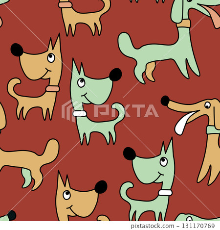 Vector seamless repeating childish pattern with cute dogs in Scandinavian style. Animals background with dog, pets, puppy for invitation, poster, card, flyer, textile, fabric Vector seamless repeating childish pattern with cute dogs in Scandinavian style. Animals background with dog, pets, puppy for invitation, poster, card, flyer, textile, fabric 131170769