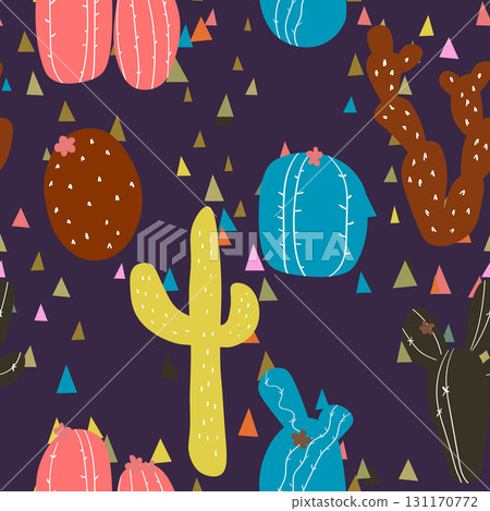 Seamless pattern with cactus with thorns, succulent on color background. Vector drawing illustration for icon, game, packaging, fabric, textile. Wild west, western, cowboy concept 131170772
