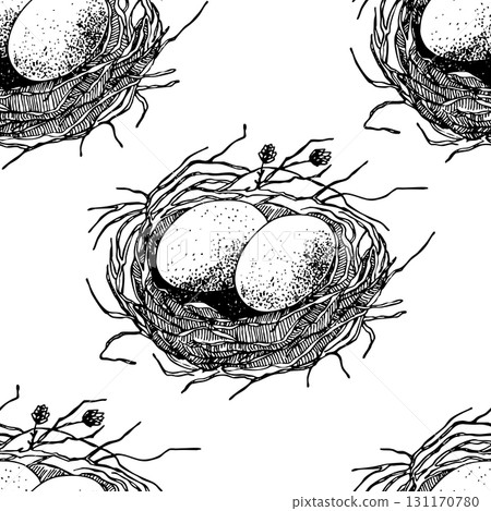 Spring seamless pattern with Bird nest with eggs. Easter hand drawn vector illustration, holiday design 131170780