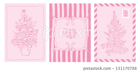 Set of vintage greeting cards with Christmas trees decorated with teddy bears and wavy bows. Vector illustration of ribbon frames on striped background. Vector clipart in retro coquette aesthetic Set of vintage greeting cards with Christmas trees decorated with teddy bears and wavy bows. Vector illustration of ribbon frames on striped background. Vector clipart in retro coquette aesthetic 131170788