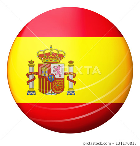 Glass light ball with flag of Spain. Round sphere, template icon. Spanish national symbol. Glossy realistic ball, 3D abstract vector illustration highlighted on a white background. Big bubble 131170815