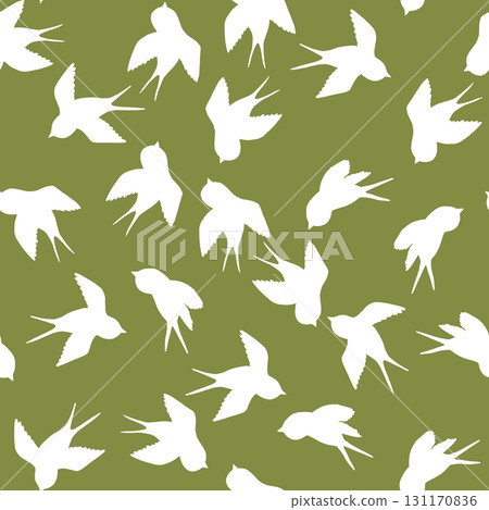 Seamless pattern with swallow silhouette on color background. Cute bird in flight. Vector illustration. Doodle style. Design for invitation, poster, card, fabric, textile Seamless pattern with swallow silhouette on color background. Cute bird in flight. Vector illustration. Doodle style. Design for invitation, poster, card, fabric, textile 131170836
