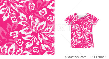 T-shirt with floral pattern. Women jersey, sport uniform kit, short fashion top, round neck blouse. Sketch Illustration. Template mock up 131170845