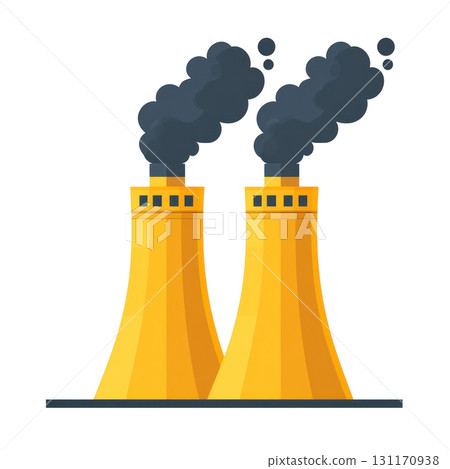Power plant with cooling towers emitting smoke against a white background Power plant with cooling towers emitting smoke against a white background 131170938