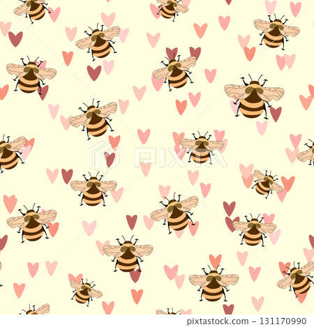 Seamless pattern with bees on floral background. Small wasp. Vector illustration. Adorable cartoon character. Template design for invitation, cards, textile, fabric. Doodle style 131170990