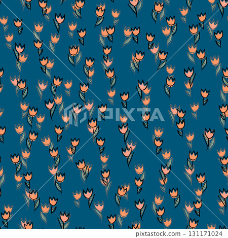 Spring colorful vector illustration with tulips. Cartoon style. Simple minimalistic pattern with nature elements. Vector illustration for fabric, textile, poster, invitation 131171024