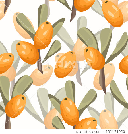 Seamless pattern with sea buckthorn. Natural fresh ripe tasty berries. Vector illustration for background, packaging, textile, fabric and various other designs Seamless pattern with sea buckthorn. Natural fresh ripe tasty berries. Vector illustration for background, packaging, textile, fabric and various other designs 131171050