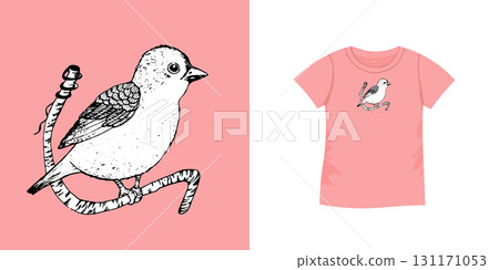 T-shirt with bird pattern. Women jersey, sport uniform kit, short fashion top, round neck blouse. Sketch Illustration. Template mock up T-shirt with bird pattern. Women jersey, sport uniform kit, short fashion top, round neck blouse. Sketch Illustration. Template mock up 131171053