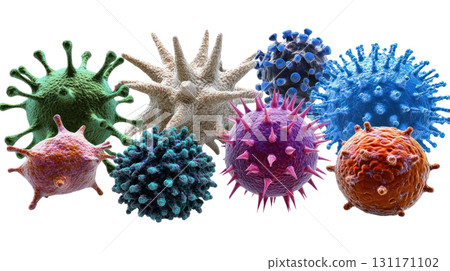 Colorful and varied representations of viruses and bacteria isolated on a white background 131171102