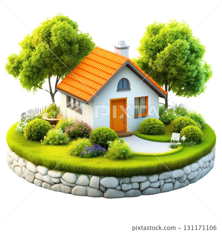 Charming house with orange accents surrounded by lush greenery and stone wall in a tranquil setting 131171106
