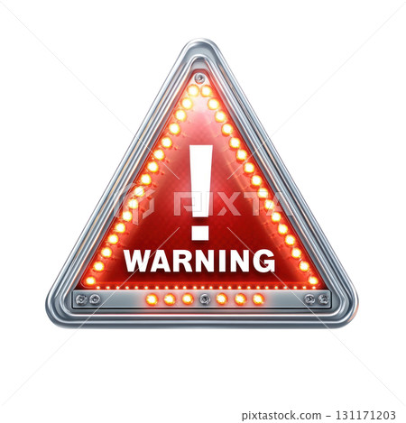 Bright warning sign with illuminated border and red background indicating potential hazards 131171203